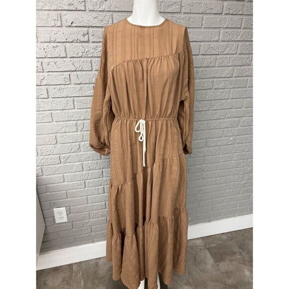 Shein Women Tan Asymmetrical Tiered Balloon Sleeve Maxi Dress Size 2 - Picture 1 of 9